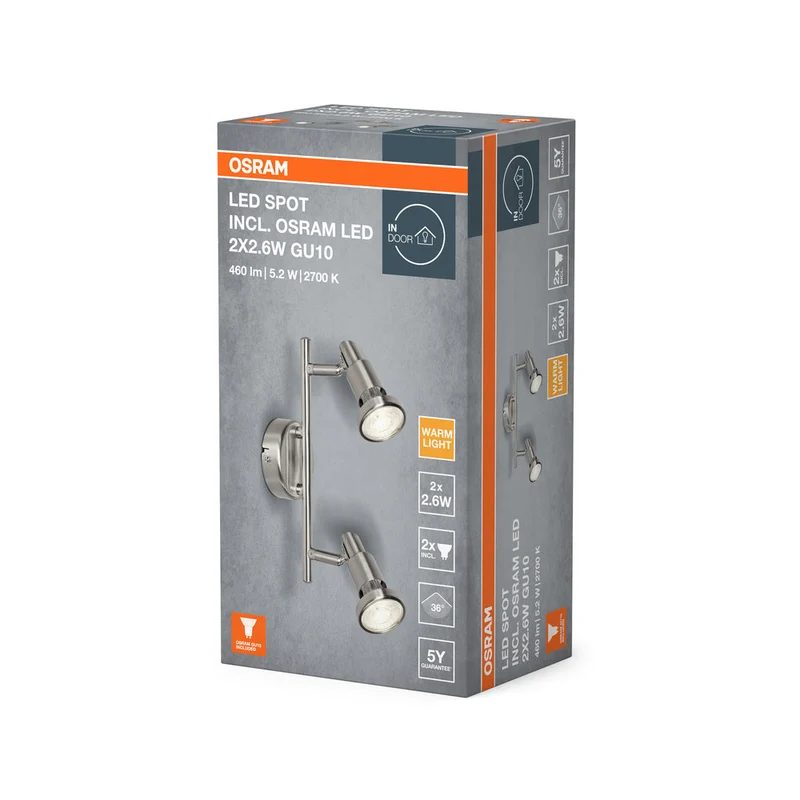 OSRAM LED SPOT ARGENTO SPAZZOLATO GU10 2 x 2.6W, 460 lm, 2700 K, Bianco caldo