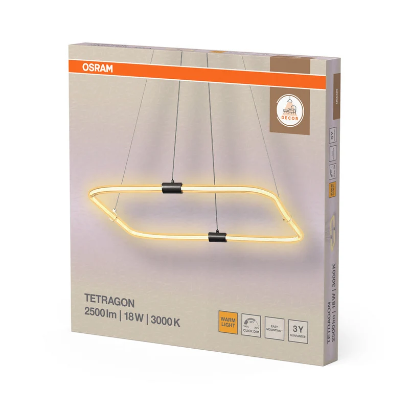OSRAM DECOR Tetragon Lampada a sospensione, 18W, 3000K, 2000lm, Bianco caldo, Click DIM