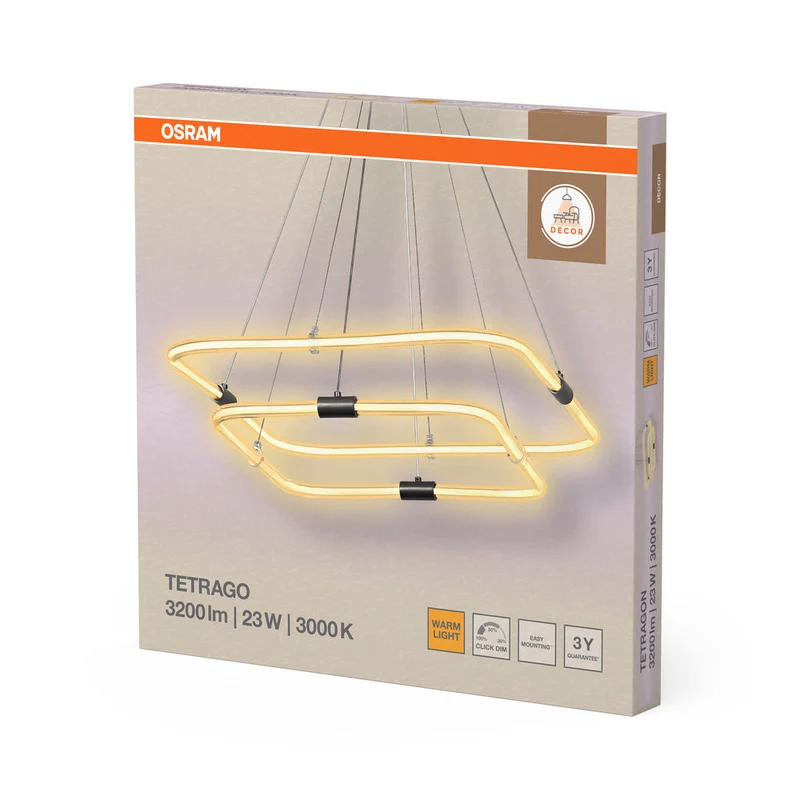 OSRAM DECOR Tetragon Lampada a sospensione, 23W, 3000K, 2500lm, Bianco caldo, Click DIM