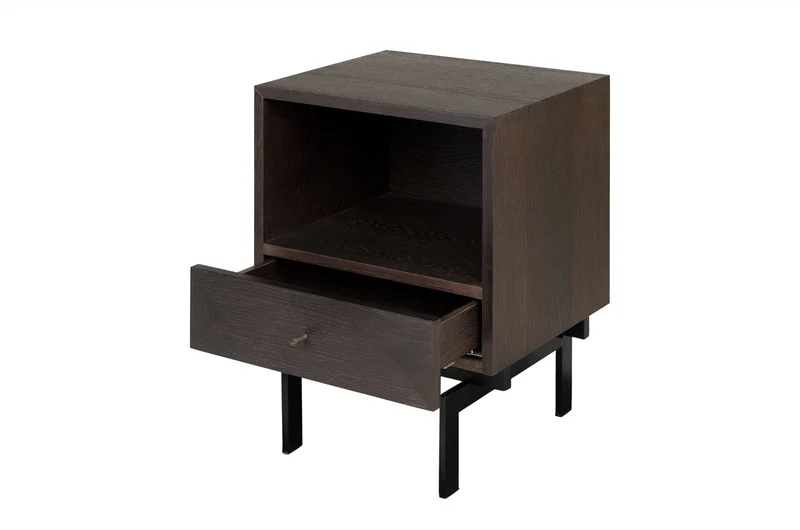 Casa Padrino Luxus Nachttisch Braun / Schwarz 45 x 40 x H. 60 cm - Nachttisch mit Eichenfurnier im warmen Braunton und schwarzem Stahlgestell - Luxus Möbel