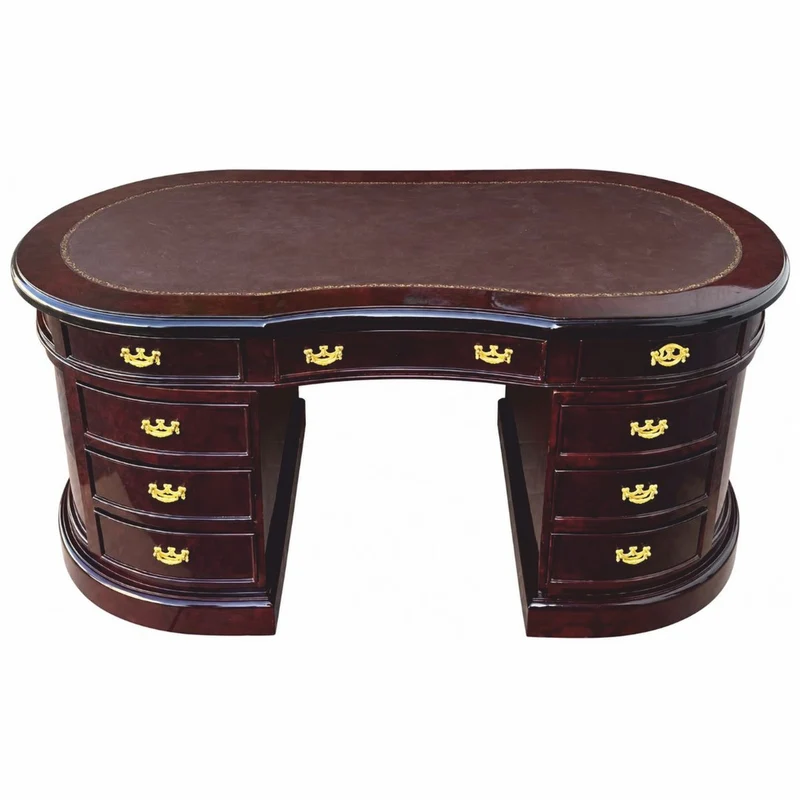 Casa Padrino Luxus Schreibtisch mit 9 Schubladen Dunkelbraun / Braun / Gold 180 cm - Ovaler Massivholz Bürotisch - Luxus Büro Möbel