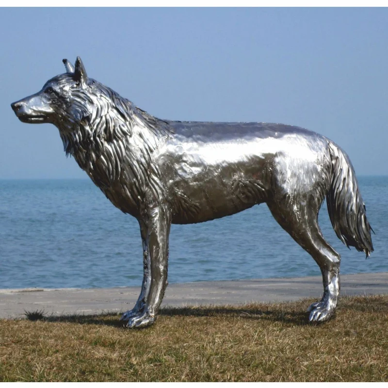 Casa Padrino Luxus Deko Skulptur Wolf Silber 142 cm - Lebensgroße Edelstahl Skulptur - Garten Deko Figur - Garten Metall Skulpturen