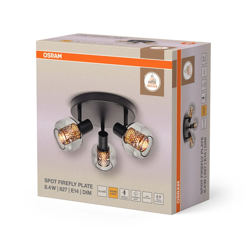 OSRAM DECOR Spot Firefly lampada da soffitto nera, lampada OSRAM inclusa, 3 x 2.8W, E14