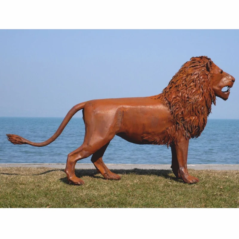 Casa Padrino Luxus Deko Skulptur Löwe Rost 218 cm - Lebensgroße Stahl Skulptur - Garten Deko Figur - Garten Metall Skulpturen