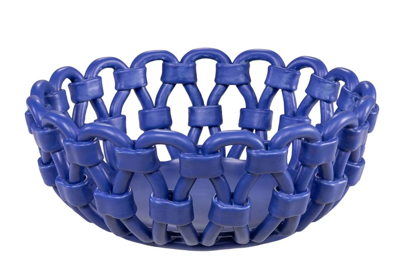 Casa Padrino Luxus Schale Blau Ø 31,5 x H. 12 cm - Runde Deko Schale aus hochwertiger Keramik mit seilartig gewundener Struktur - Luxus Deko Accessoires