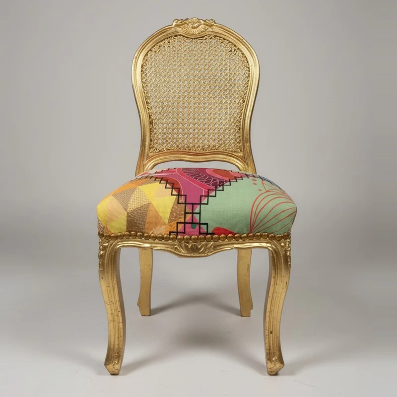 Casa Padrino Barock Esszimmerstuhl Gold / Mehrfarbig - Stuhl mit Rattan Rückenlehne und Patchwork Sitz