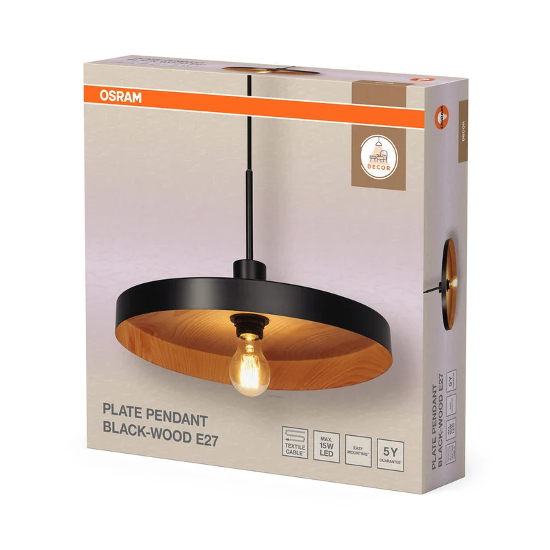 OSRAM DECOR Lampada a sospensione a piastra E27 Lampada a sospensione Nero Legno OSRAM DECOR