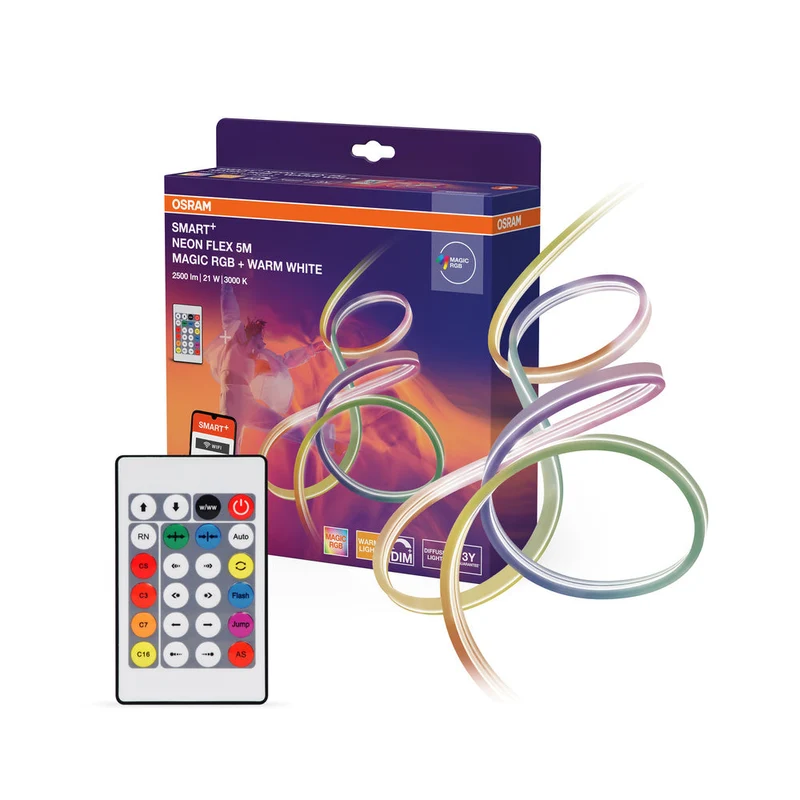 Striscia LED OSRAM Wifi SMART+ NEON FLEX MAGIC RGB + WARM WHITE, 5m, 2500lm, 21W, 3000K, con telecomando