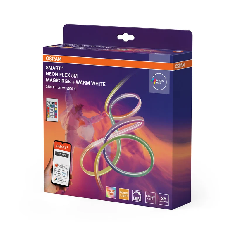 Striscia LED OSRAM Wifi SMART+ NEON FLEX MAGIC RGB + WARM WHITE, 5m, 2500lm, 21W, 3000K, con telecomando