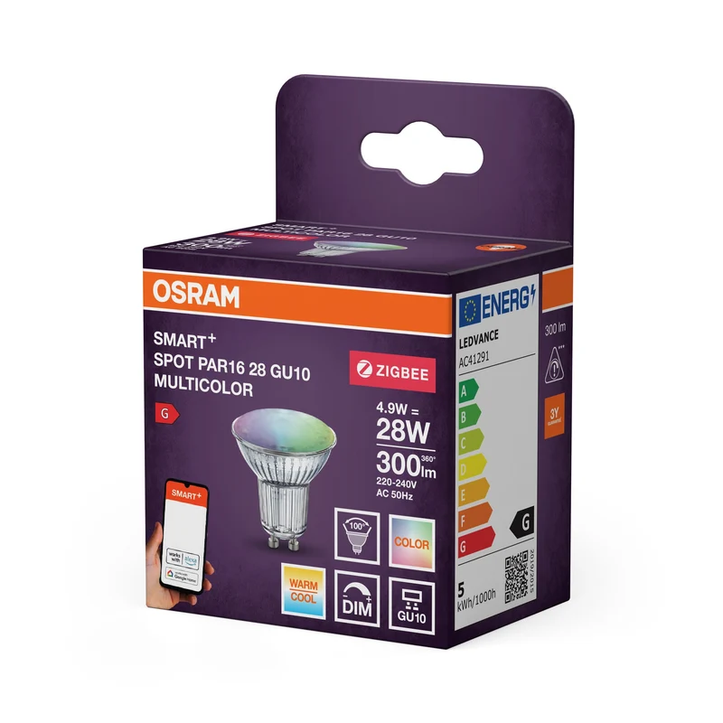 OSRAM Smart+ lampadina riflettore con tecnologia ZigBee, 4,9W, PAR16, colore luce RGBW regolabile, attacco GU10, confezione da 1 pezzo