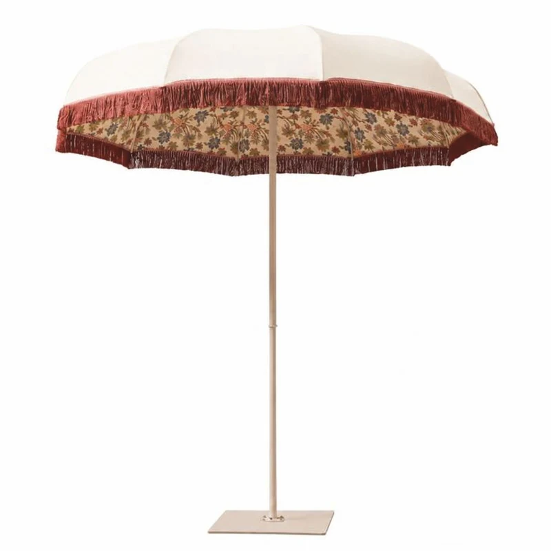 Casa Padrino Luxus Sonnenschirm im 70er Jahre Stil mit Blumen Design Naturfarben / Bunt / Weinrot Ø 220 x H. 240 cm - Made in Italy