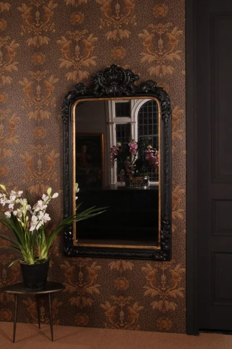 Casa Padrino Barock Wandspiegel Schwarz 90 x H. 158 cm - Prunkspiegel mit dekorativer Krone
