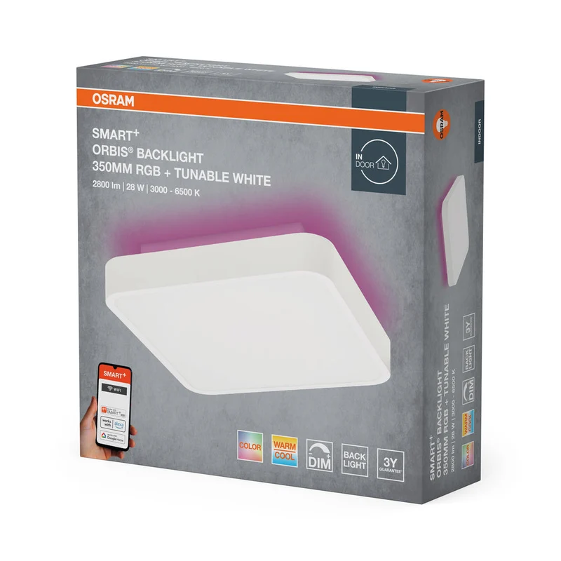 OSRAM Wifi SMART+ ORBIS BACKLIGHT LED Lampada da soffitto RGBW multicolore 35x35cm Bianco regolabile 28W / 3000-6500K bianco