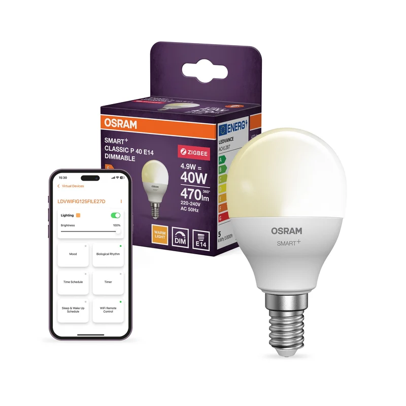 OSRAM Lampadina LED intelligente con tecnologia ZigBee, attacco E14, dimmerabile, bianco caldo (2700 K), sostituisce lampadine a incandescenza da 40 W, SMART+ Mini bulb dimmable, confezione da 1