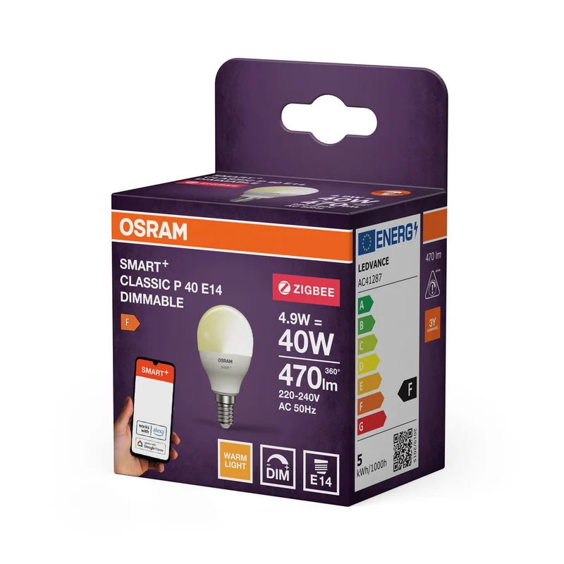 OSRAM Lampadina LED intelligente con tecnologia ZigBee, attacco E14, dimmerabile, bianco caldo (2700 K), sostituisce lampadine a incandescenza da 40 W, SMART+ Mini bulb dimmable, confezione da 1