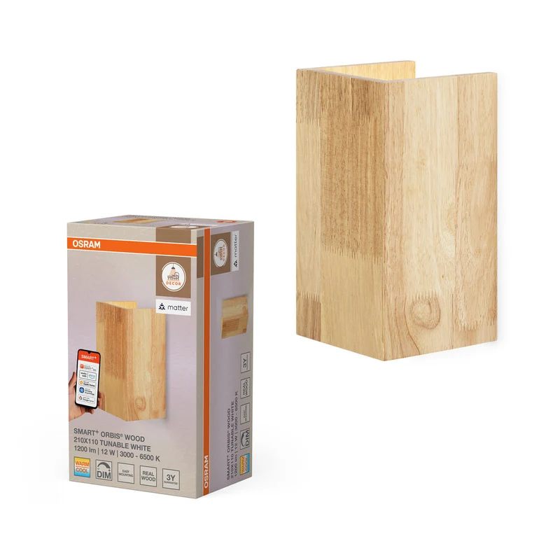 OSRAM Matter SMART+ ORBIS WOOD LED Applique da parete 21x11cm in effetto legno Bianco regolabile 12W / 3000-6500K