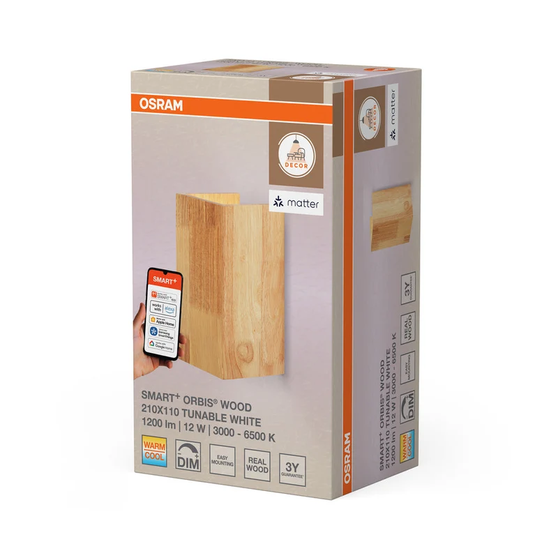OSRAM Matter SMART+ ORBIS WOOD LED Applique da parete 21x11cm in effetto legno Bianco regolabile 12W / 3000-6500K