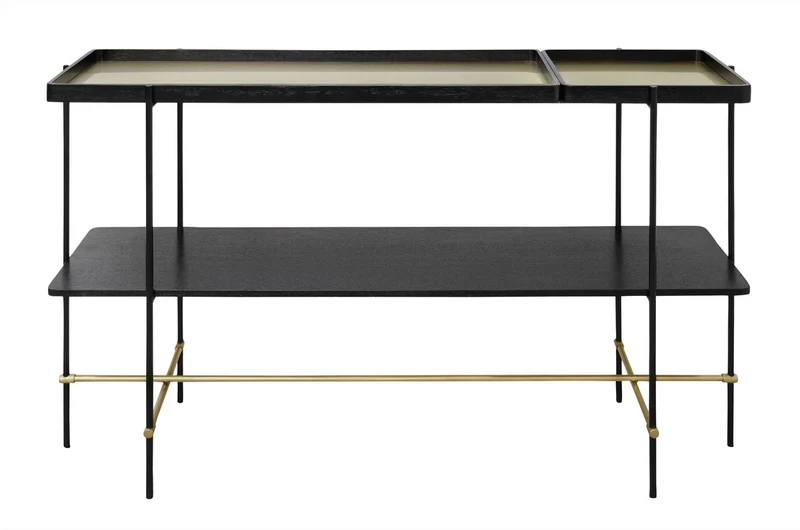 Casa Padrino Luxus Konsole Gold / Schwarz 140 x 40 x H. 90 cm - Konsolentisch mit gebürstetem Edelstahlgestell und schwarzen Eichenfurnier Flächen - Luxus Möbel