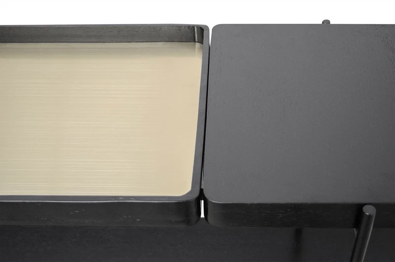 Casa Padrino Luxus Konsole Gold / Schwarz 140 x 40 x H. 90 cm - Konsolentisch mit gebürstetem Edelstahlgestell und schwarzen Eichenfurnier Flächen - Luxus Möbel