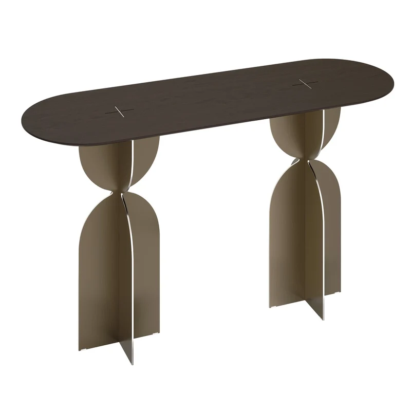 Casa Padrino Luxus Konsole Braun / Bronzefarben 140 x 46 x H. 80 cm - Edler Konsolentisch mit Platte in dunkelbraunem Eichenfurnier und gebürstetem Edelstahl Gestell - Luxus Möbel