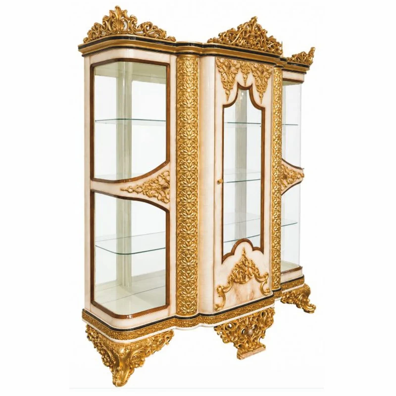 Casa Padrino Luxus Barock Vitrine Weiß / Gold / Braun 170 x H. 230 cm - Prunkvoller Massivholz Vitrinenschrank - Barock Möbel