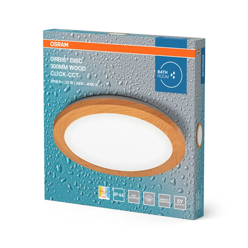 OSRAM ORBIS Disc lampada da soffitto per bagno 30cm 22W IP44 decorazione in legno