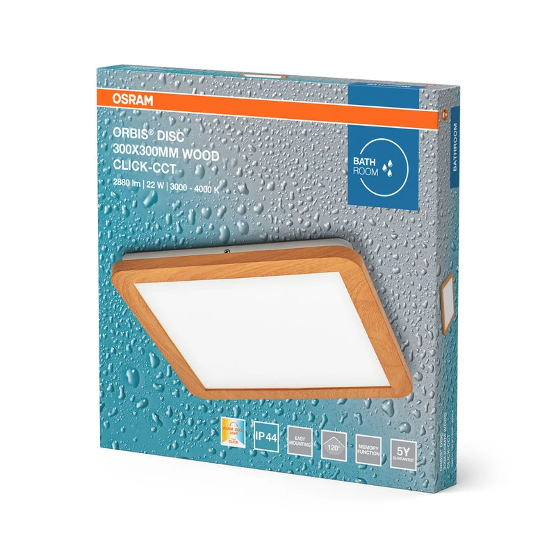 OSRAM ORBIS Disc lampada da soffitto per bagno 30x30cm 22W IP44 decorazione in legno
