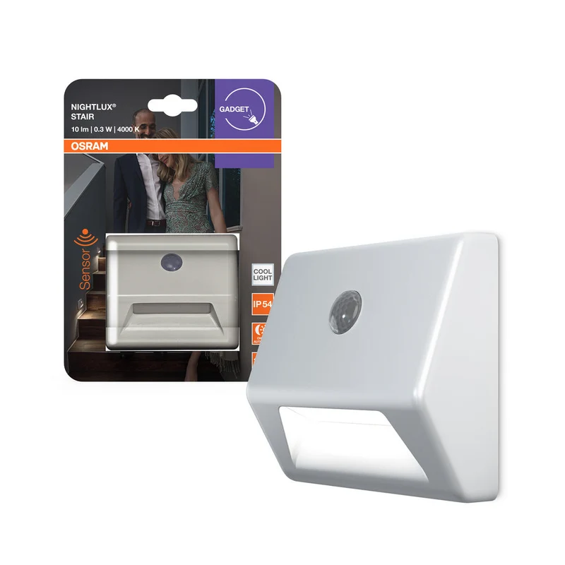 OSRAM LED NIGHTLUX Lampada da scale a batteria, sensore di movimento, sensore giorno-notte, bianco freddo, 28,0 mm x 84,0 mm x 73,0 mm, bianco
