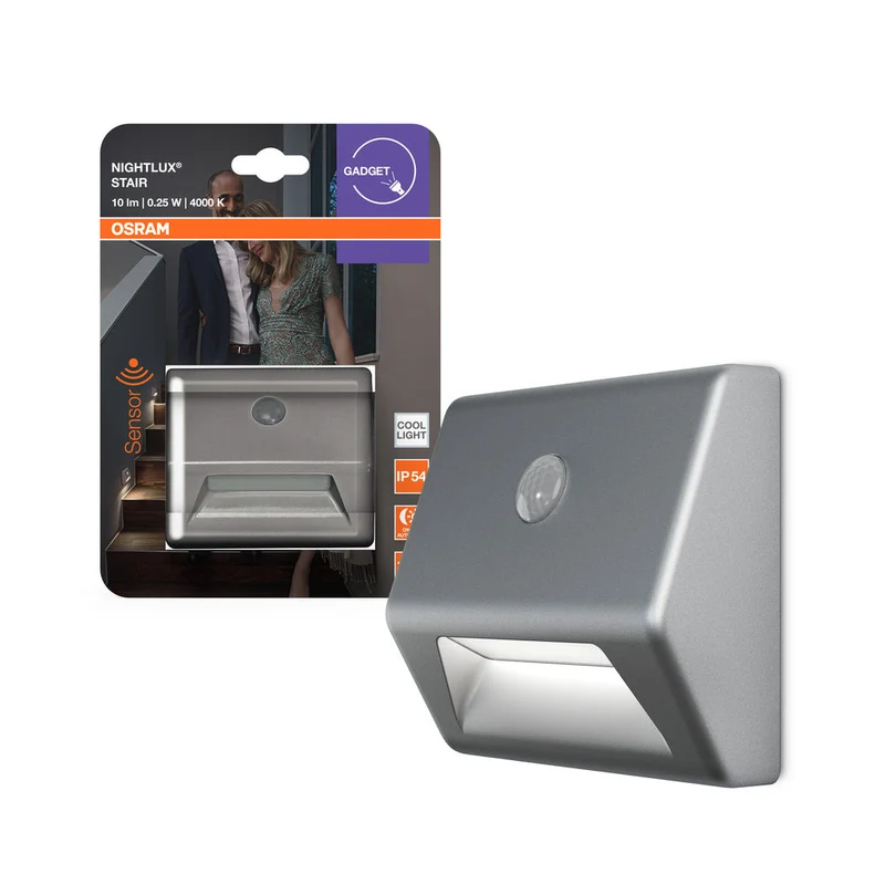 OSRAM LED NIGHTLUX Lampada da scale a batteria, sensore di movimento, sensore giorno-notte, bianco freddo, 28,0 mm x 84,0 mm x 73,0 mm, grigio