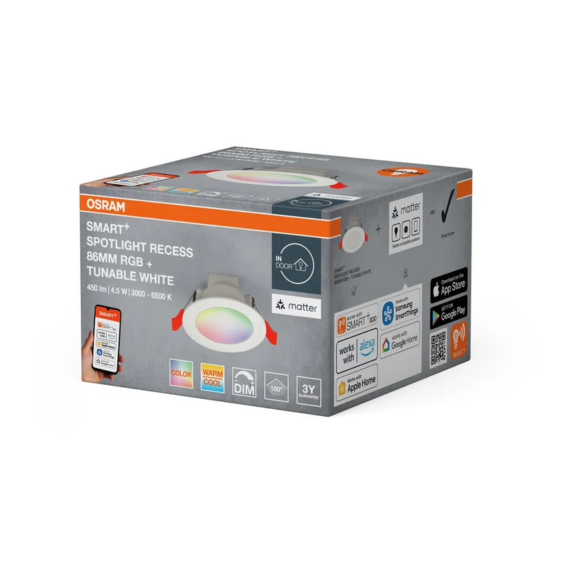 OSRAM Matter SMART+ FARETTO DA INCASSO RECESS DOWNLIGHT, Ø 86mm, RGB 4W, Bianco Regolabile, 2700…6500 K
