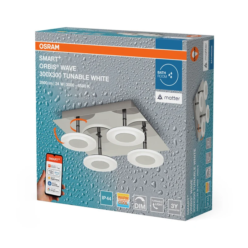 OSRAM Matter SMART+ ORBIS WAVE LED Lampada da soffitto per bagno 30x30cm Bianco regolabile 26W / 3000-6500K