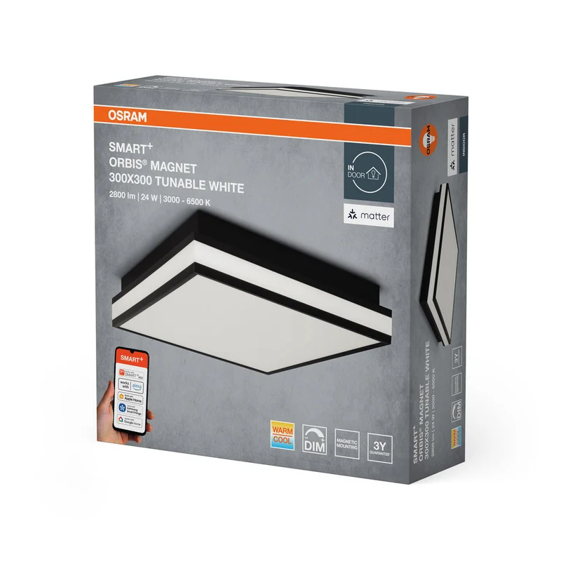 OSRAM Matter SMART+ ORBIS MAGNET LED Lampada da soffitto 30x30cm Bianco regolabile 26W / 3000-6500K nero
