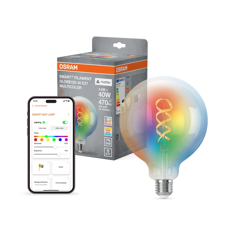 OSRAM Matter SMART+ Lampada LED CLASSIC Edison, RGB, vetro a filamento, 4,8W, 470lm, E27