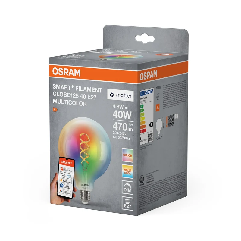 OSRAM Matter SMART+ Lampada LED CLASSIC Edison, RGB, vetro a filamento, 4,8W, 470lm, E27