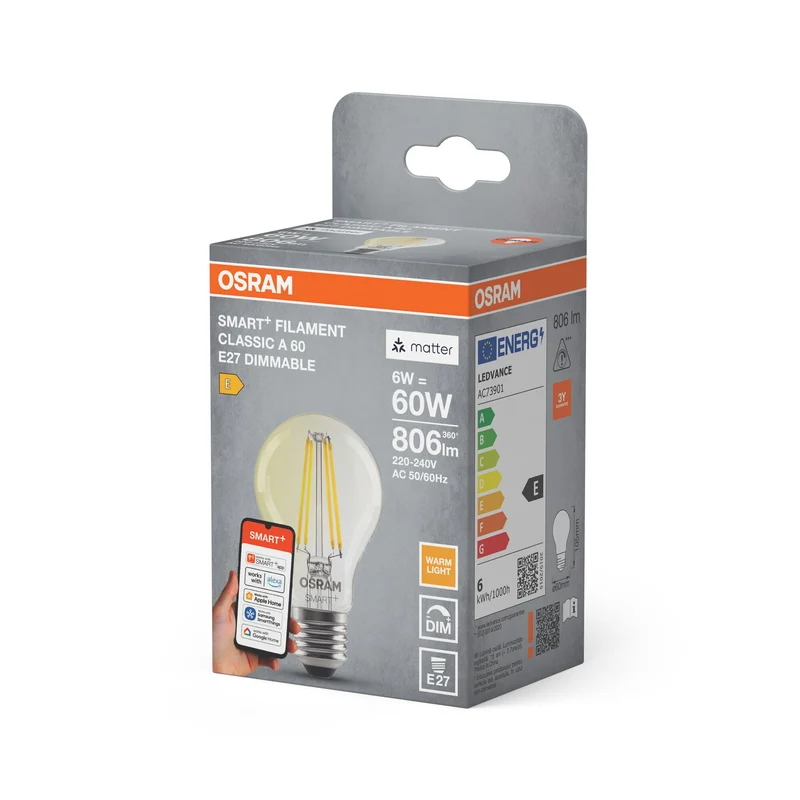 OSRAM Matter SMART+ Classica Lampada LED Filamento dimmerabile 60 5,5W E27