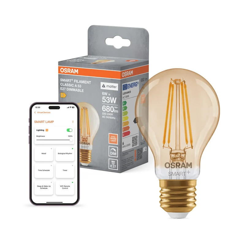 OSRAM Matter SMART+ Lampadina LED con tecnologia WiFi in vetro oro, attacco E27, dimmerabile, bianco caldo (2400K), sostituisce lampadine a incandescenza da 53 W, SMART+ WiFi Classic dimmerabile, confezione da 1