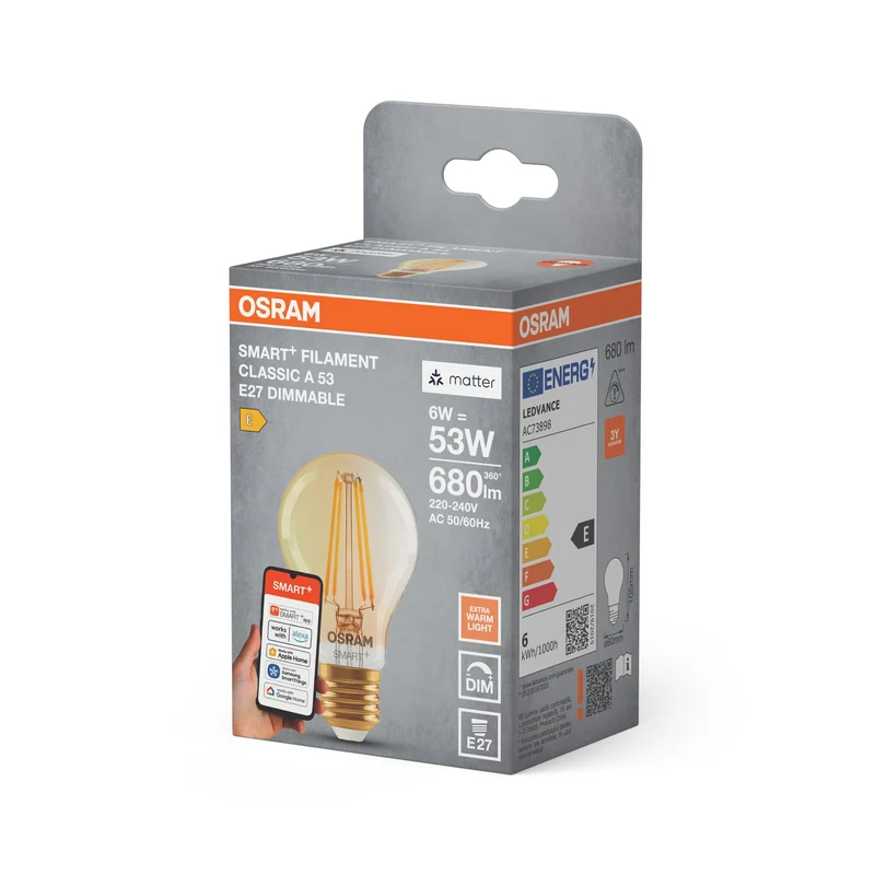 OSRAM Matter SMART+ Lampadina LED con tecnologia WiFi in vetro oro, attacco E27, dimmerabile, bianco caldo (2400K), sostituisce lampadine a incandescenza da 53 W, SMART+ WiFi Classic dimmerabile, confezione da 1