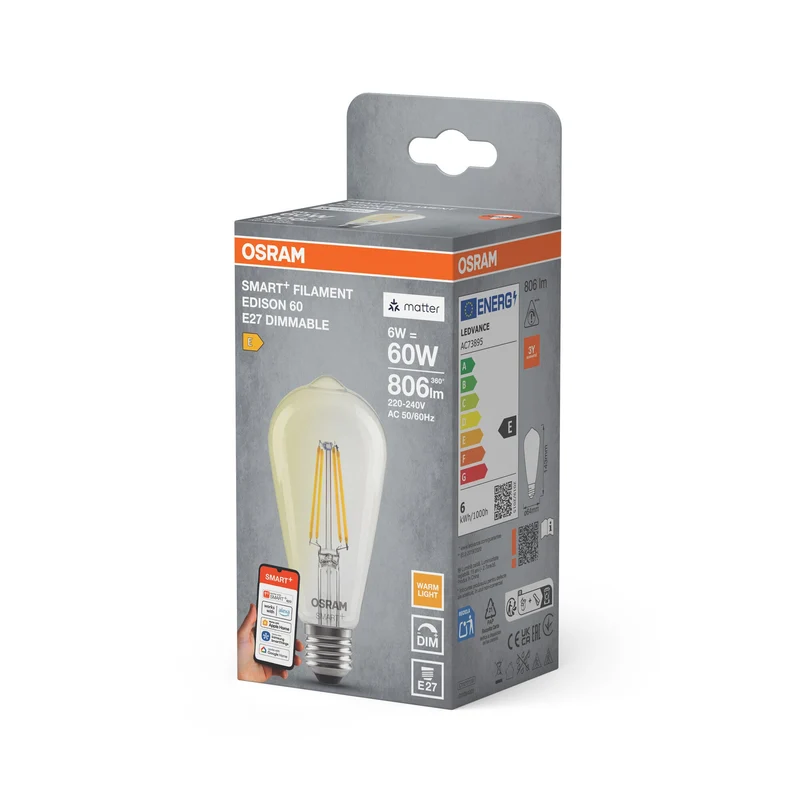 OSRAM Matter SMART+ Lampadina LED Dimmerabile (ex 60W) 6W / 2700K Bianco caldo E27
