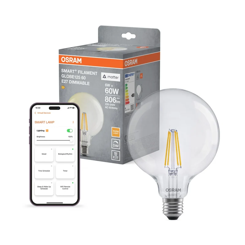 OSRAM Matter SMART+ Lampadina LED a filamento Globo dimmerabile (ex 60W) 5,5W / 2700K Bianco caldo E27