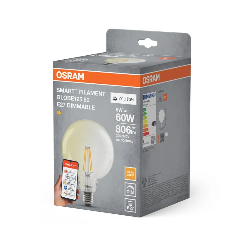 OSRAM Matter SMART+ Lampadina LED a filamento Globo dimmerabile (ex 60W) 5,5W / 2700K Bianco caldo E27