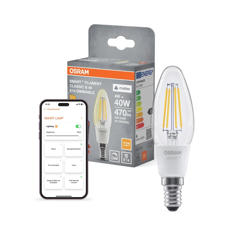 OSRAM Matter SMART+ Lampada a forma di candela dimmerabile 4W / 2700K Bianco caldo E14