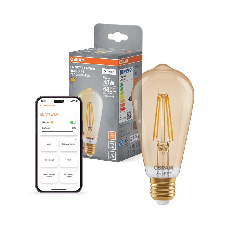 OSRAM Matter SMART+ lampadina LED con tecnologia WiFi in forma Edison oro, attacco E27, dimmerabile, bianco caldo (2400K), sostituisce lampadine a incandescenza da 53 W, SMART+ WiFi Classic dimmerabile, confezione da 1