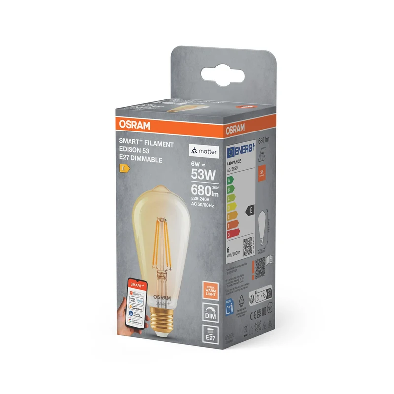 OSRAM Matter SMART+ lampadina LED con tecnologia WiFi in forma Edison oro, attacco E27, dimmerabile, bianco caldo (2400K), sostituisce lampadine a incandescenza da 53 W, SMART+ WiFi Classic dimmerabile, confezione da 1