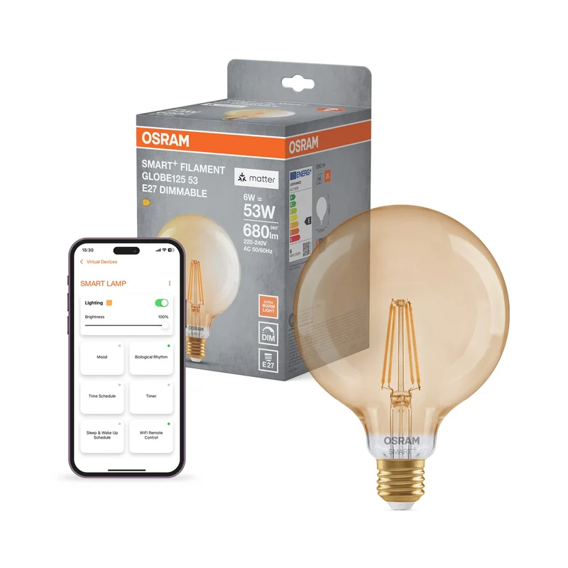 OSRAM Matter SMART+ Globo125 LED Lampada dimmerabile (ex 53W) 6W / 2400K Bianco caldo E27