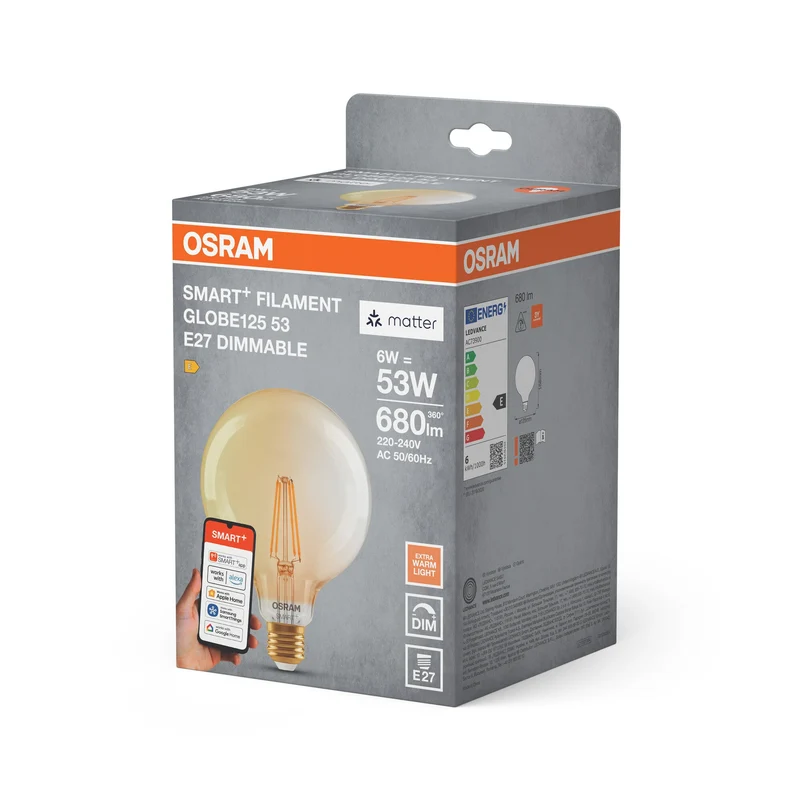 OSRAM Matter SMART+ Globo125 LED Lampada dimmerabile (ex 53W) 6W / 2400K Bianco caldo E27