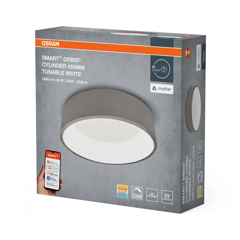 OSRAM Matter SMART+ Orbis Cylinder LED lampada da soffitto regolabile bianco 45cm 24W / 3000-6500K grigio