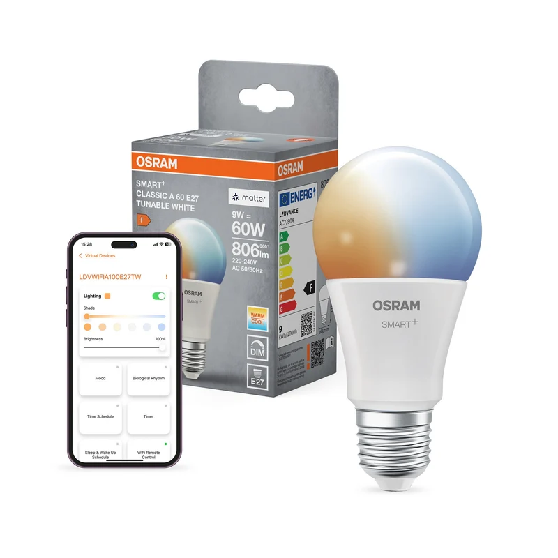 OSRAM Matter SMART+ Classica Lampada LED TW FR E27, 806 lm, 2700…6500 K, Bianco Regolabile