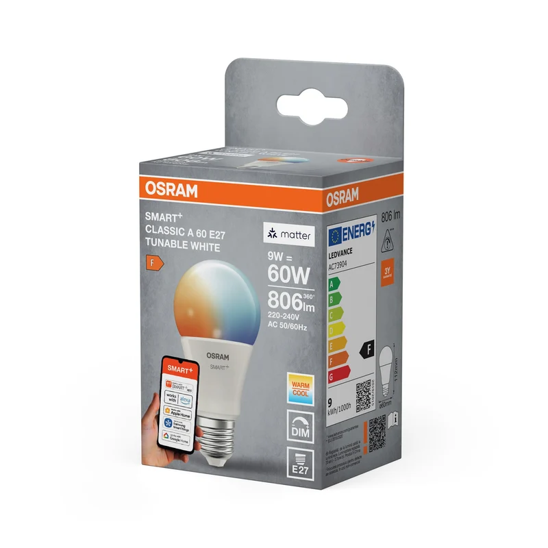 OSRAM Matter SMART+ Classica Lampada LED TW FR E27, 806 lm, 2700…6500 K, Bianco Regolabile