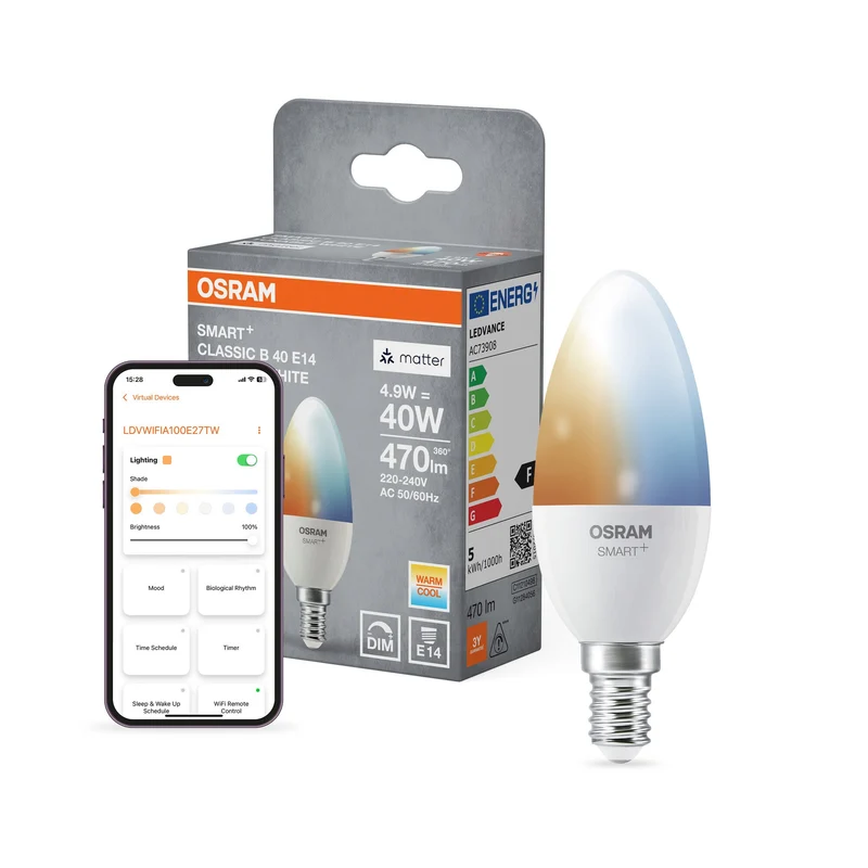 OSRAM Matter SMART+ Candela LED Lampada 4,9W TW FR E14, 470 lm, 2700…6500 K, Bianco Regolabile