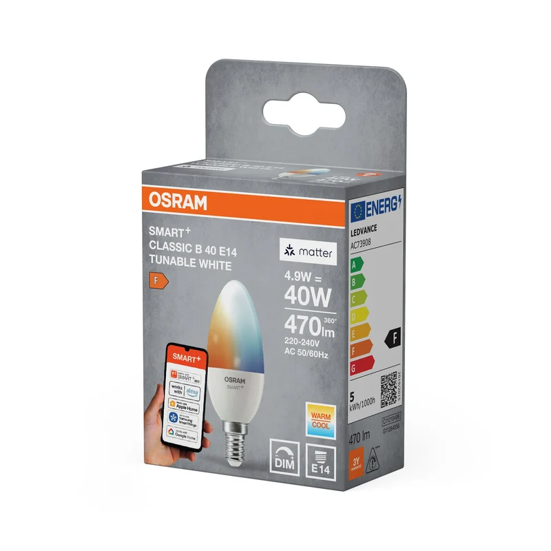 OSRAM Matter SMART+ Candela LED Lampada 4,9W TW FR E14, 470 lm, 2700…6500 K, Bianco Regolabile